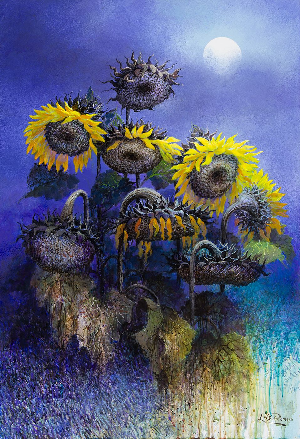 Girasoles bajo la luna